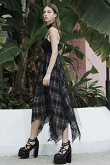 Black Metal Eyelets Shoulder Strap Irregular Hem Plaid Long Chiffon Women's Punk Slip Dress - Product - 2
