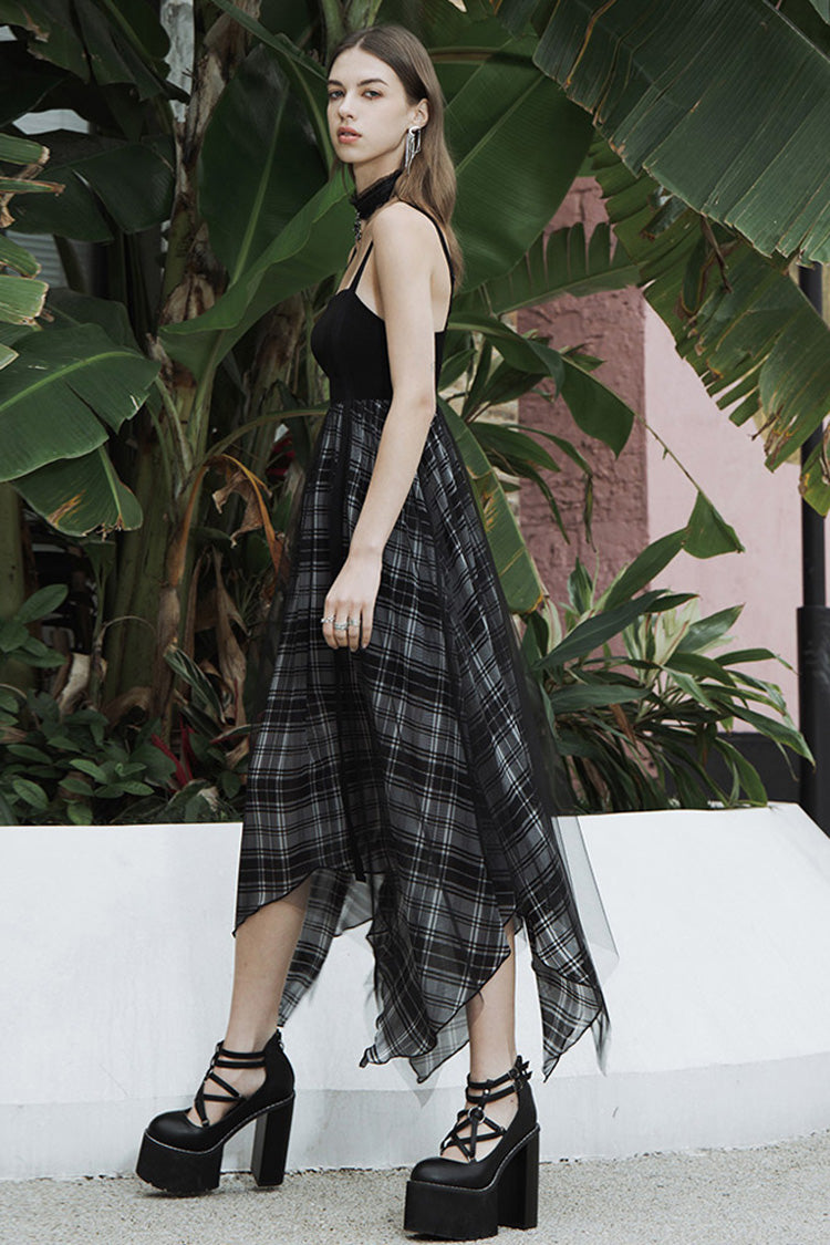 Black Metal Eyelets Shoulder Strap Irregular Hem Plaid Long Chiffon Women's Punk Slip Dress - Product - 2