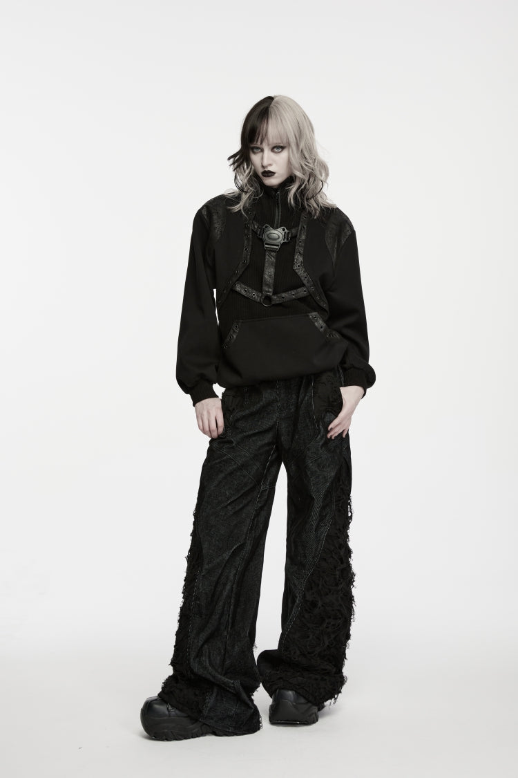 Black Stand Collar Long Sleeves Cut-Out Patchwork Eyelet Women's Punk Coat - Product - 9