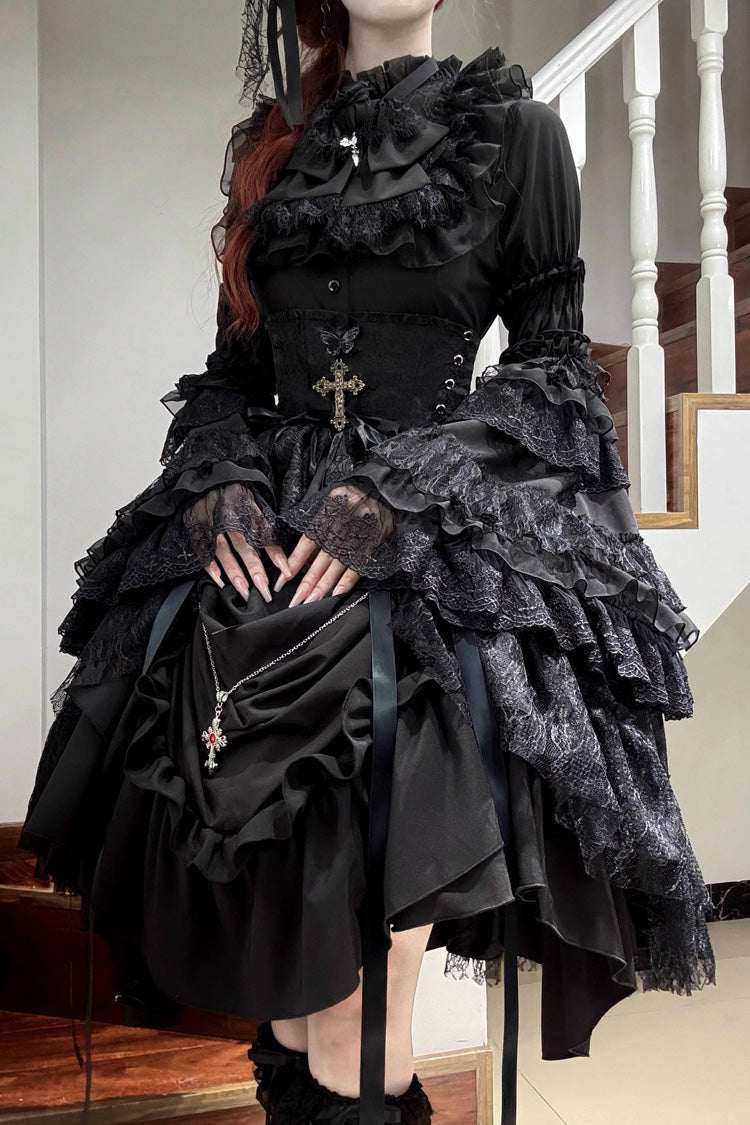 Black [Eternal Taboo] Long Hime Sleeves Ruffled Bow Gothic Lolita Skirt Dress Set - Product - 9