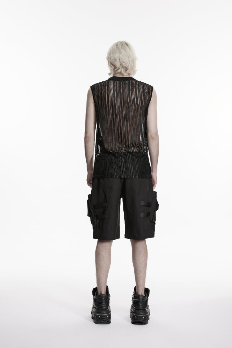 Black Round Collar Sleeveless Cut-Out Mesh Buckled Eyelet Men's Punk Vest - Product - 4