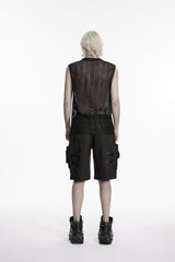 Black Round Collar Sleeveless Cut-Out Mesh Buckled Eyelet Men's Punk Vest - Product - 4