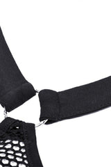Black Halterneck Long Sleeves Eyelet Mesh Splice Women's Punk Crop Top - Product - 13