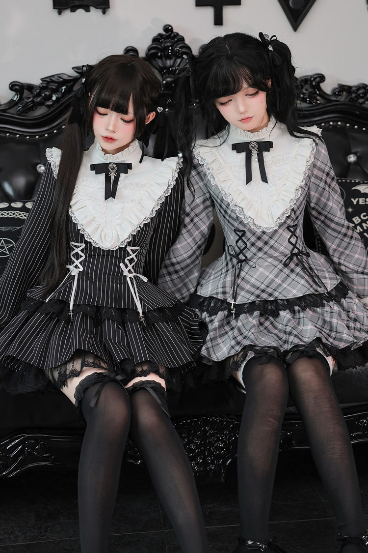 [Doki!] Stand Collar Long Sleeves Printed Ruffled Lace-Up Sweet Cool Lolita Dress 2 Colors(Black, Grey) - Product - 7