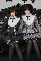 [Doki!] Stand Collar Long Sleeves Printed Ruffled Lace-Up Sweet Cool Lolita Dress 2 Colors(Black, Grey) - Product - 7