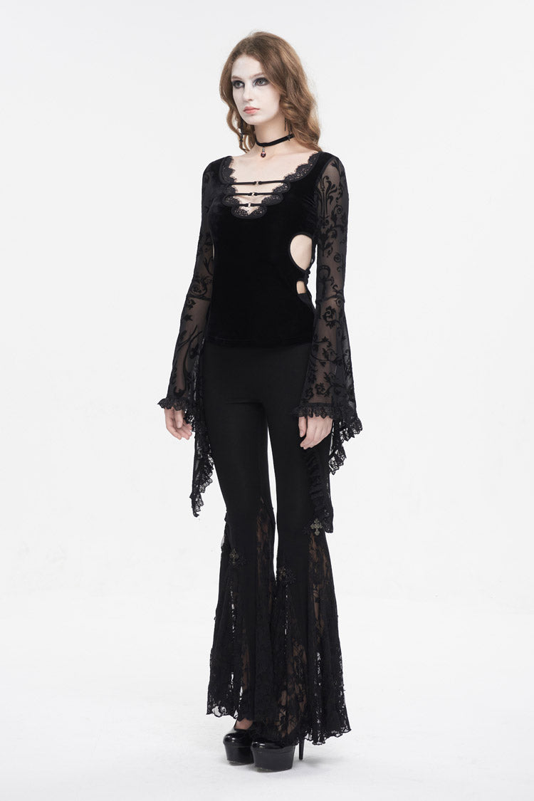 Black Plunging Flared Sleeved Mesh Splice Women's Punk Shirt - Product - 5