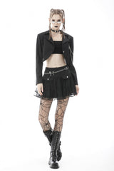 Black Lapel Collar Long Sleeves Chain-Decorated Women's Punk Irregular Short Jacket - Product - 8