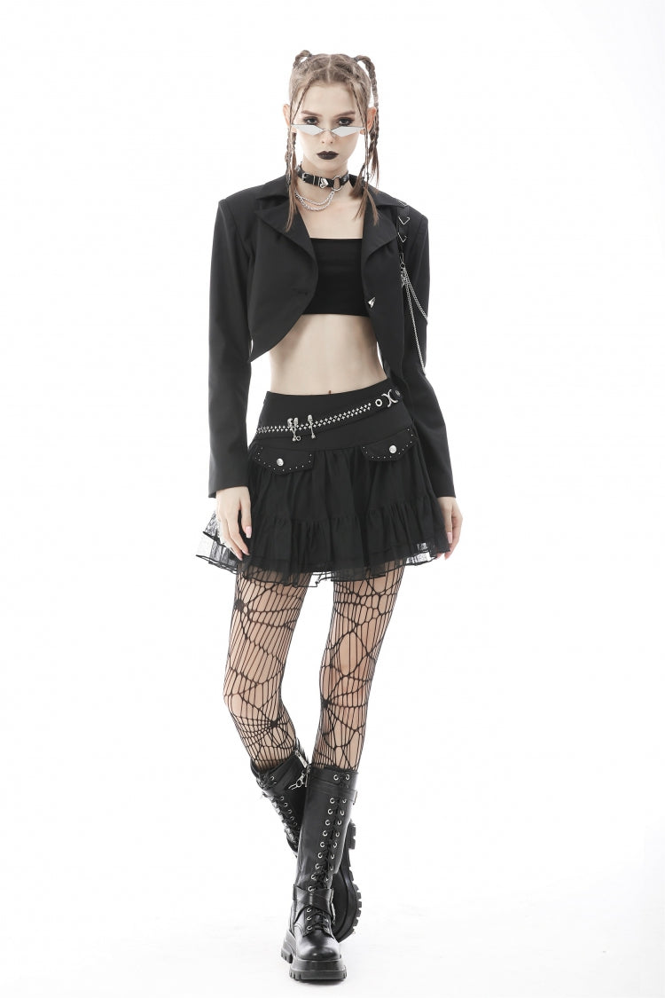 Black Lapel Collar Long Sleeves Chain-Decorated Women's Punk Irregular Short Jacket - Product - 8