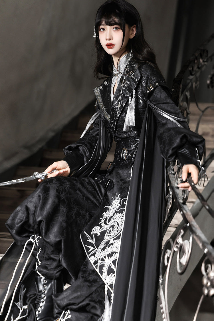 Black [Shadow Dragon Diving Into the Abyss] Long Sleeves Jacquard Embroidered Gothic Chinese Inspired Hanfu Ouji Lolita Set - Product - 5