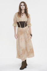 Apricot Plunging Puff Sleeved High Waisted Lace Hem Long Women's Punk Dress - Product - 3