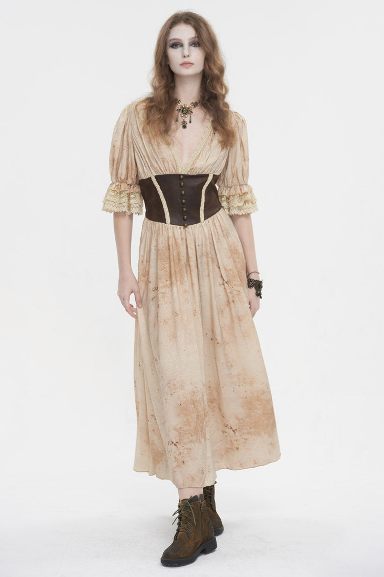 Apricot Plunging Puff Sleeved High Waisted Lace Hem Long Women's Punk Dress - Product - 3