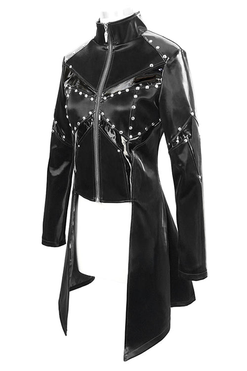 Black Rivet Bright Leather Zipper Long Womens Punk Coat - Product - 5