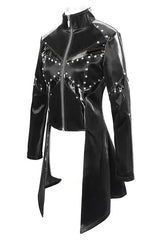 Black Rivet Bright Leather Zipper Long Womens Punk Coat - Product - 5