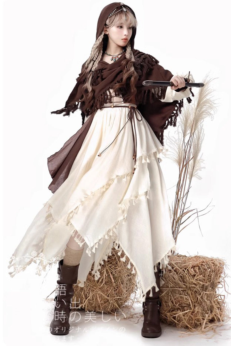 White/Brown Wandering Witch Cloak Long Sleeves Daily Irregular Lolita Dress - Product - 2