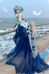 Undersea Blue [Swan Wonderland] Embroidery Bowknot Lace-Up Short Front Long Back Irregular Sweet Ballet Lolita Jsk Dress - Product - 2