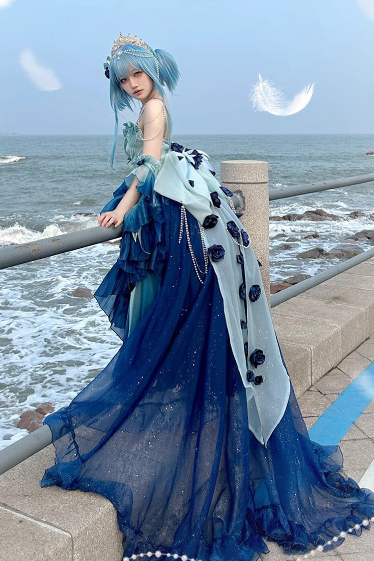 Undersea Blue [Swan Wonderland] Embroidery Bowknot Lace-Up Short Front Long Back Irregular Sweet Ballet Lolita Jsk Dress - Product - 2