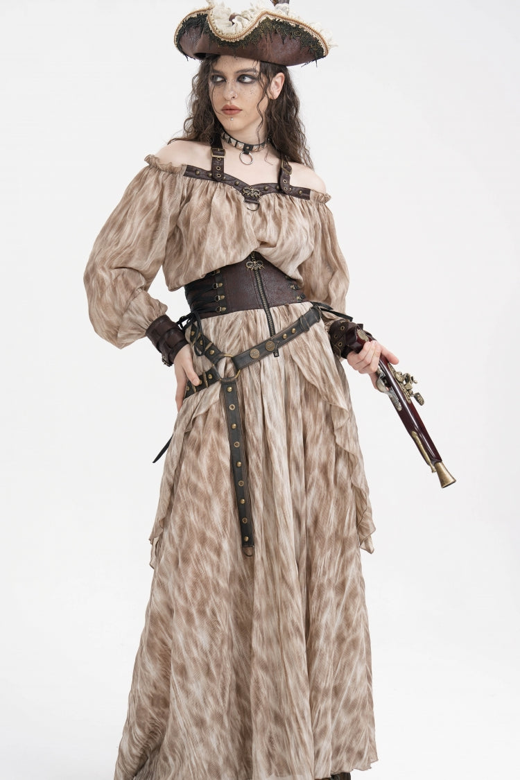 Apricot Ruffle Lace-Up Women's Gothic Eyelets Rivets Long Skirt - Product - 9
