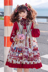 Red Long Sleeves Squirrel Popcorn Print Bowknot Sweet Lolita Dress - Product - 2
