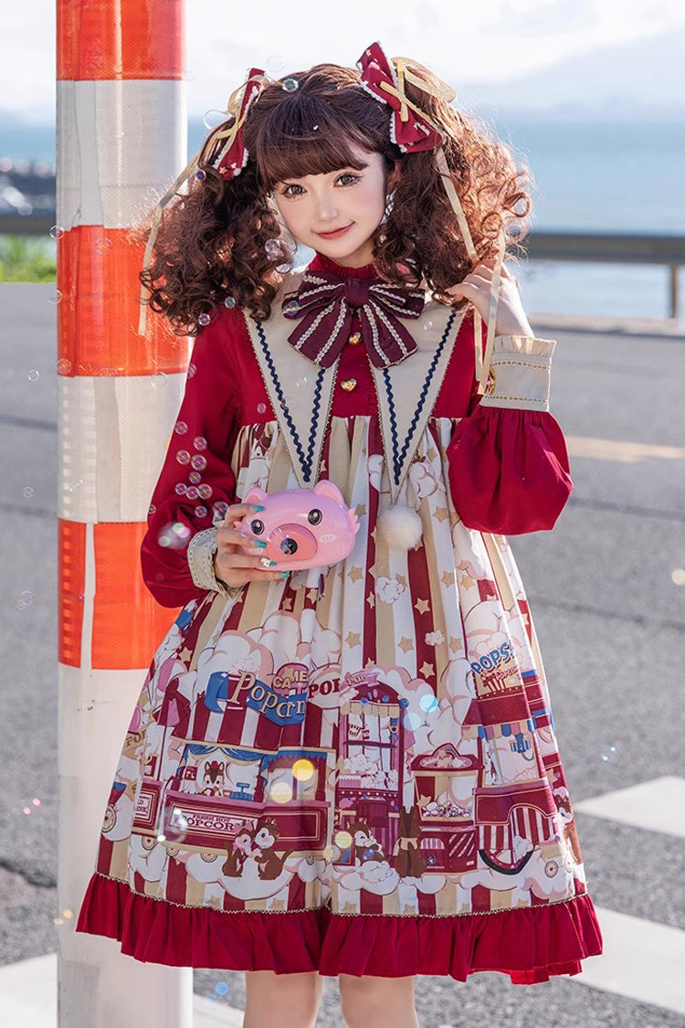 Red Long Sleeves Squirrel Popcorn Print Bowknot Sweet (Dress Only) detail view 2