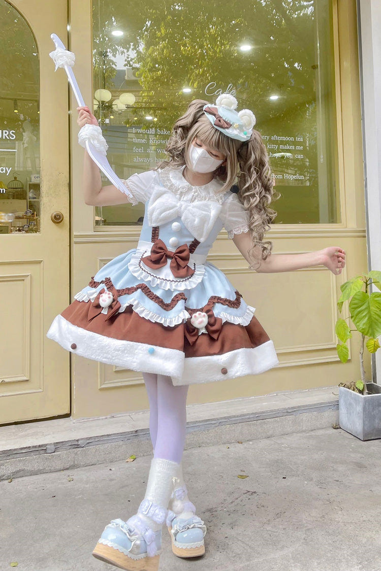 Blue/Brown [Cream Snow Cat] Winter Ruffle Bowknot Sweet Lolita Jsk Dress - Product - 7