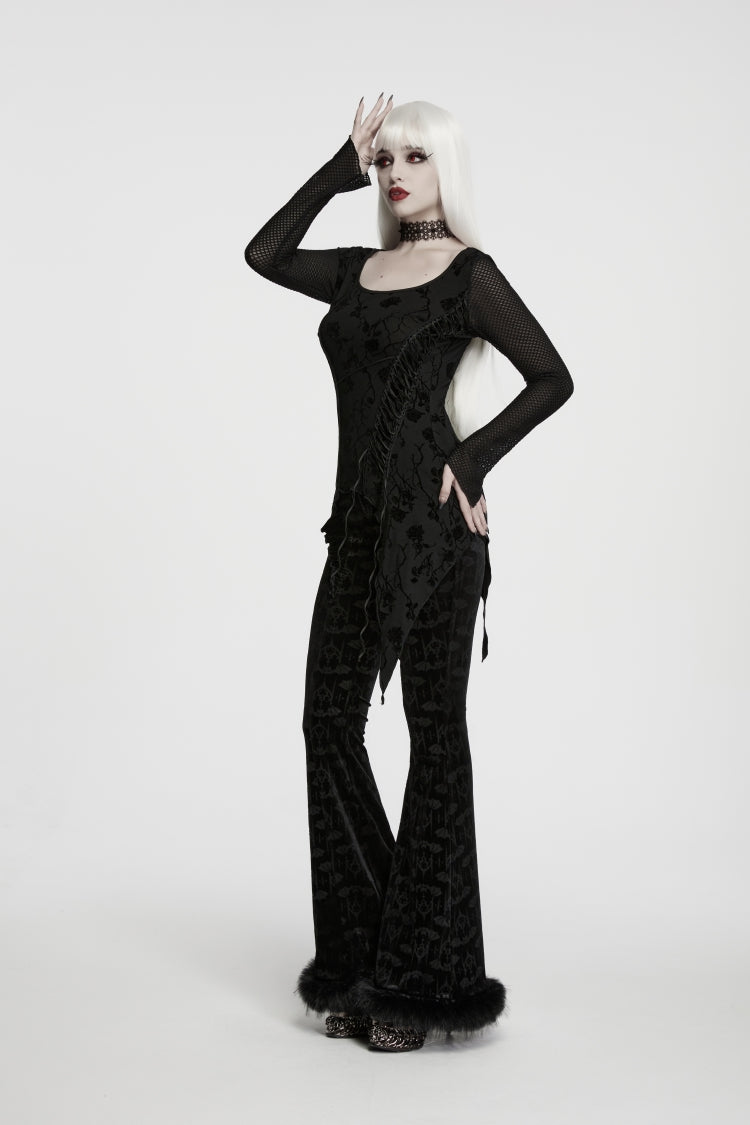 Black Round Collar Long Sleeves Jacquard Lace-Up Asymmetric Women's Gothic Elegant Top - Product - 5