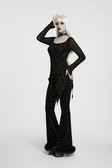 Black Round Collar Long Sleeves Jacquard Lace-Up Asymmetric Women's Gothic Elegant Top - Product - 5