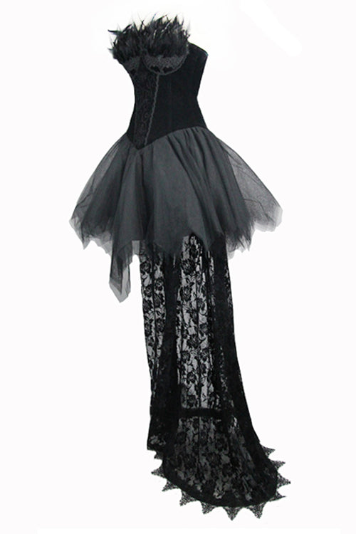 Black Gothic Wedding Strapless Feathered Sexy Velveteen Womens Dress With Rose Lace Tail - Product - 6
