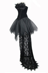Black Gothic Wedding Strapless Feathered Sexy Velveteen Womens Dress With Rose Lace Tail - Product - 6