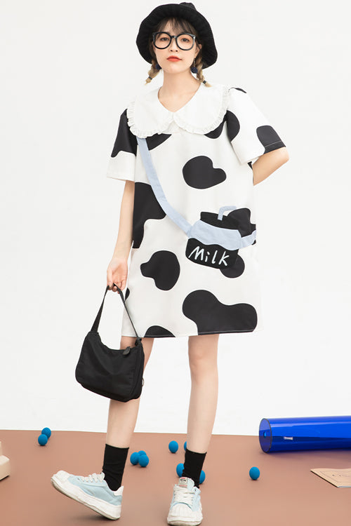 Black/White Doll Collar Short Sleeves Milk Cow Print Sweet Lolita Dress - Product - 4