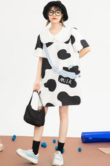 Black/White Doll Collar Short Sleeves Milk Cow Print Sweet Lolita Dress - Product - 4