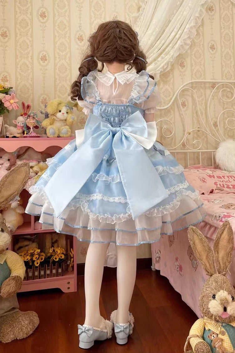 Blue Multi-layer Ruffle Bowknot Lace-Up Ballet Style Sweet Princess Lolita Tiered Dress - Product - 3