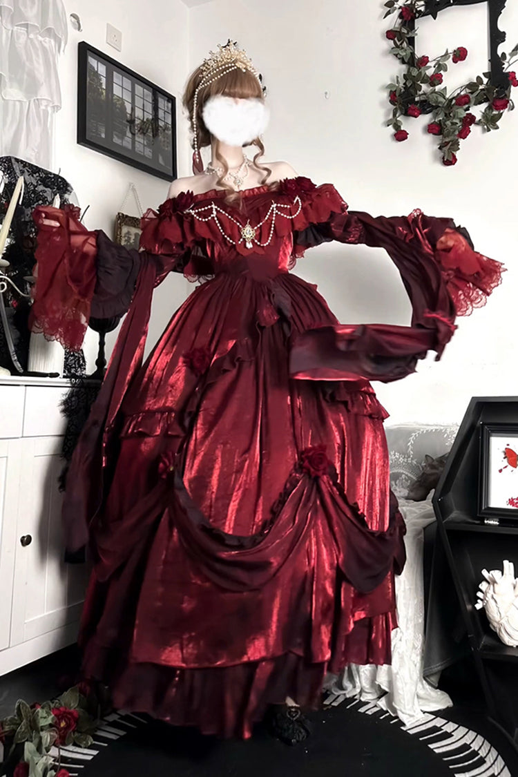 Red Tana Manor Rose Flower Long Sleeves Ruffle Bowknot Elegant Gothic Princess Lolita Strapless Dress - Product - 2