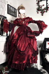 Red Tana Manor Rose Flower Long Sleeves Ruffle Bowknot Elegant Gothic Princess Lolita Strapless Dress - Product - 2