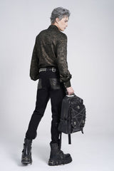 Black Lapel Collar Long Puff Sleeves Faux Leather Stitching Men's Gothic Blouse with Chain - Product - 6