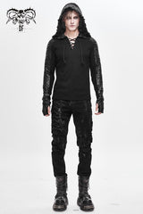 Black Chest Lace Up Vertical Stripes Woolen Splice Bright Crimped Fabric Hooded Men's Punk T-Shirt - Product - 3