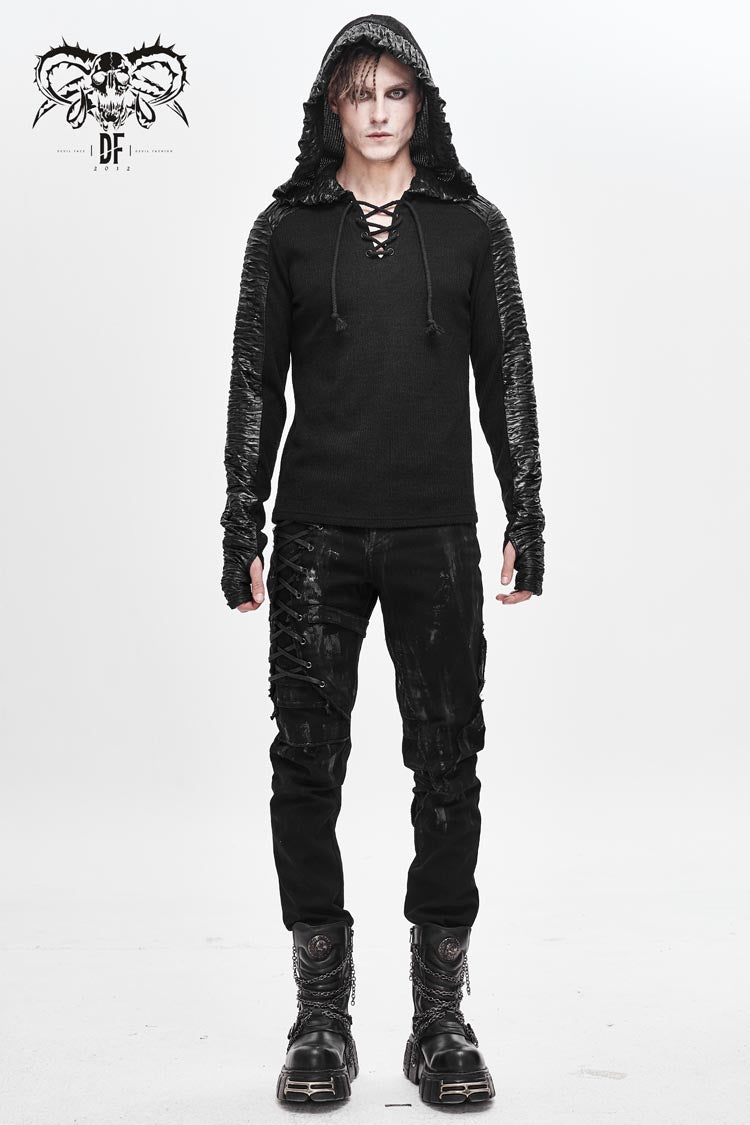 Black Chest Lace Up Vertical Stripes Woolen Splice Bright Crimped Fabric Hooded Men's Punk T-Shirt - Product - 3