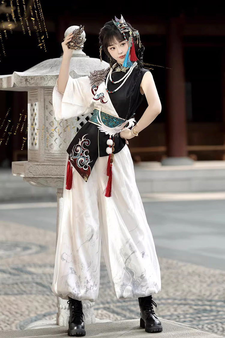 Black/White Stand Collar Single Long Sleeve Printed Embroidered Asymmetric Chinese Style Ouji Set - Product - 5