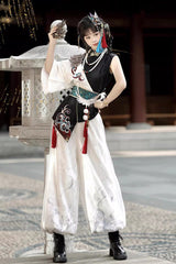 Black/White Stand Collar Single Long Sleeve Printed Embroidered Asymmetric Chinese Style Ouji Set - Product - 5
