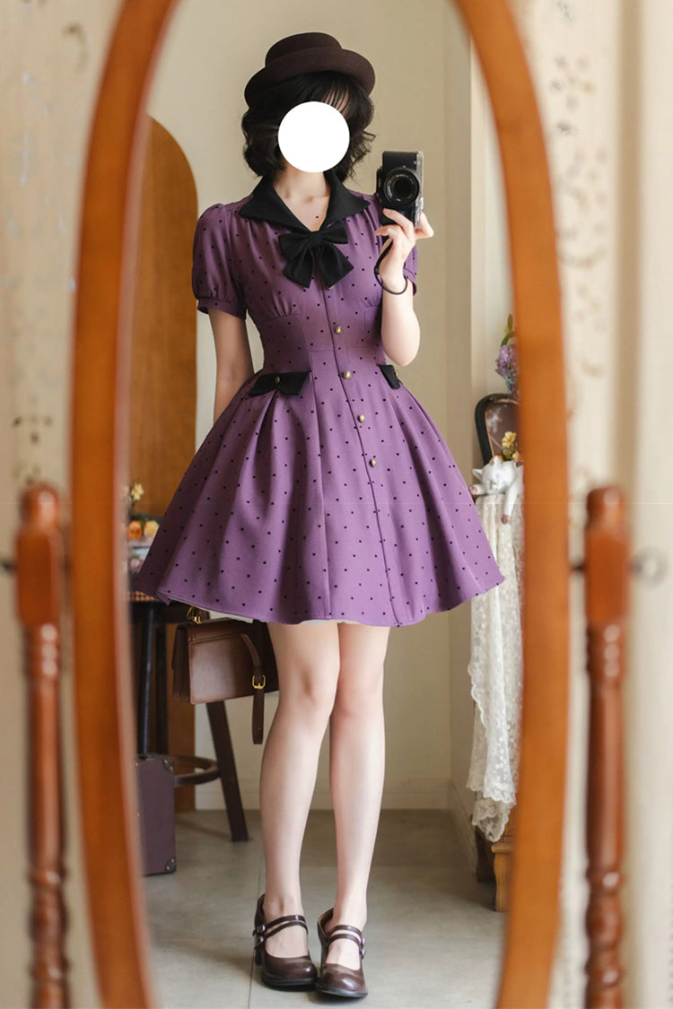 Purple [Forest Boulotty] Lapel Collar Short Sleeves Heart-Shaped Polka Dot Printed Bow Sweet Lolita Dress - Product - 5