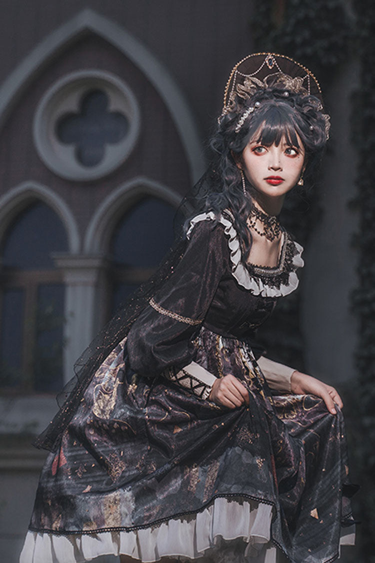 Black Long Sleeves Mist Print Classic Lolita OP Dress - Product - 2