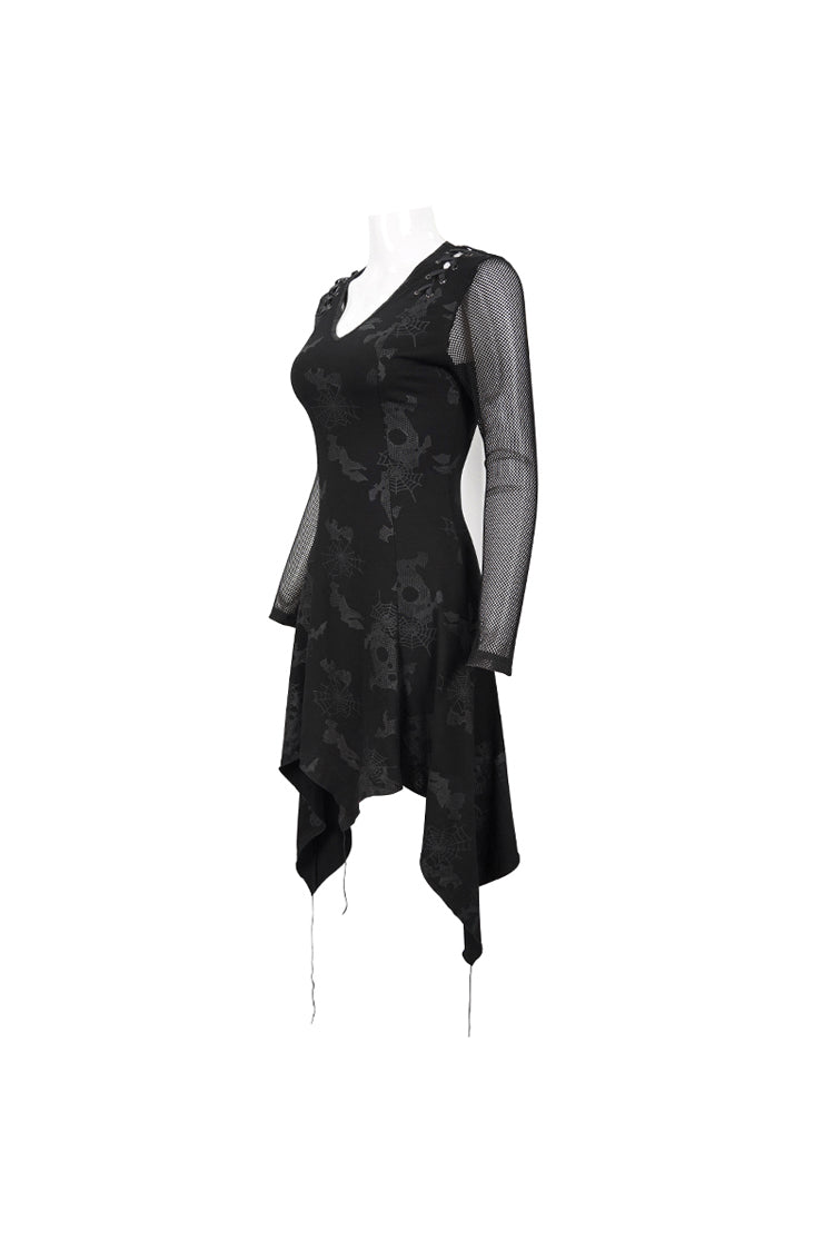 Black Shoulder Cutout Tie Rope V Neck Pattern Print Decorative Women's Gothic Dress - Product - 6