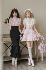 Pink/Apricot [Miss Lola] Stand Collar Short Sleeves Ruffle Bowknot Sweet Lolita Dress - Product - 15