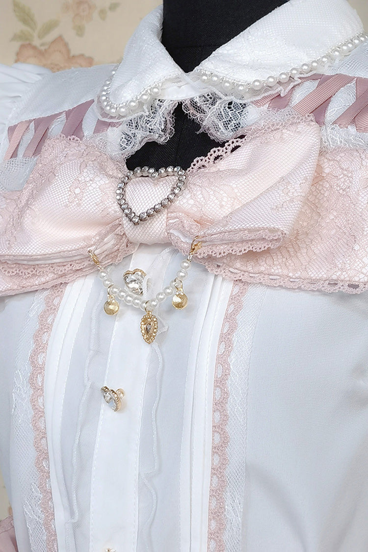 White/Pink Lapel Collar Short Sleeves Double-Layered Ruffle Bowknot Sweet Jirai Kei Set - Product - 5