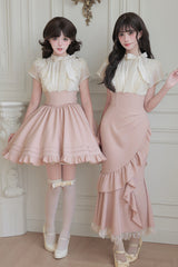 White/Pink Round Collar Short Sleeves Ruffled Bow Lace Color-Blocked Boned Sweet Lolita Dress 2 Versions - White/Pink(Long-Dress) - 1