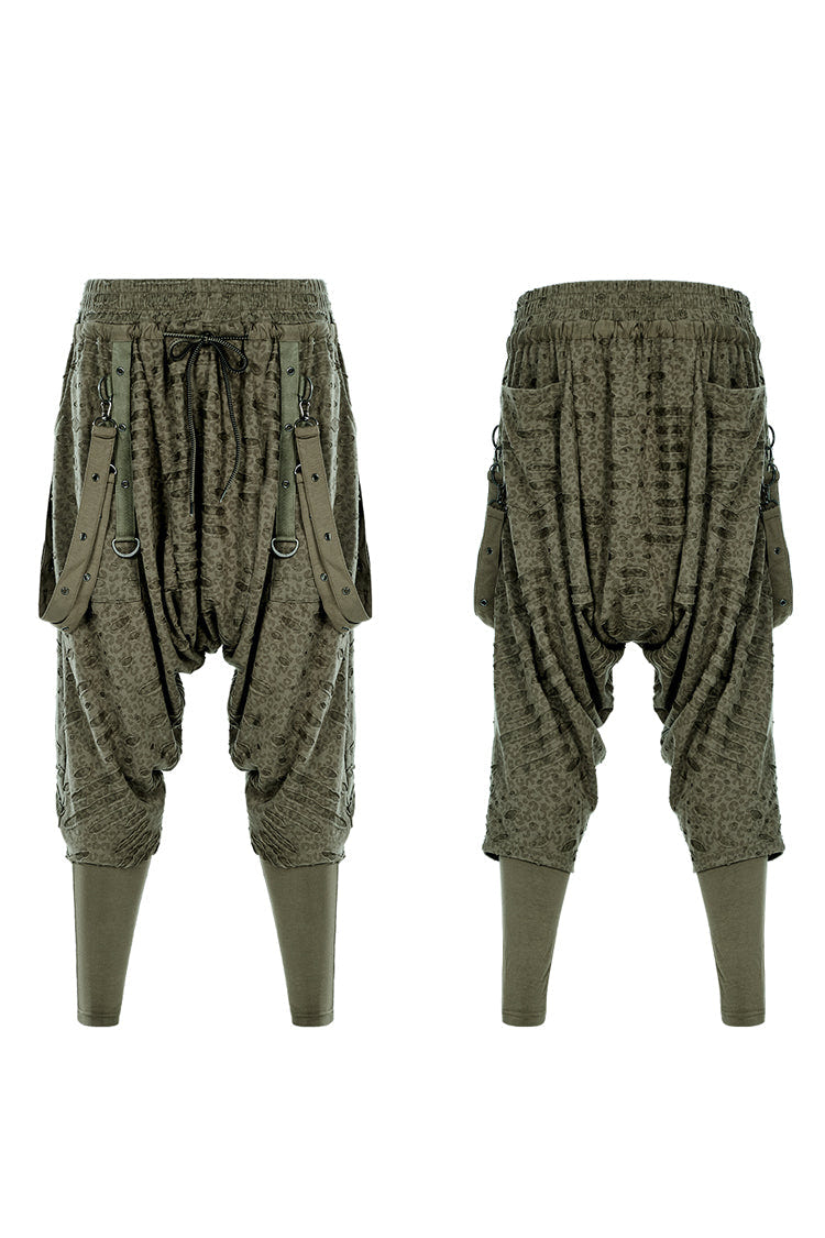 Green Ripped Men's Punk Sagging Pants with Straps - Product - 5