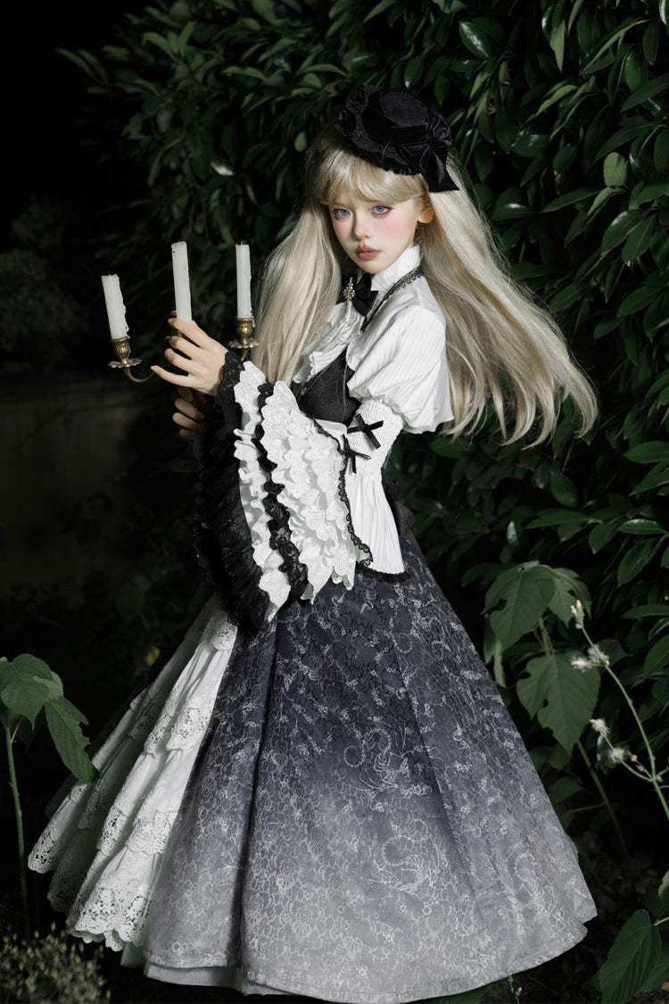 Black/White Print Bone Magic Ruffle Cardigan Lace Classic Gothic Princess Lolita Jsk Dress - Product - 10