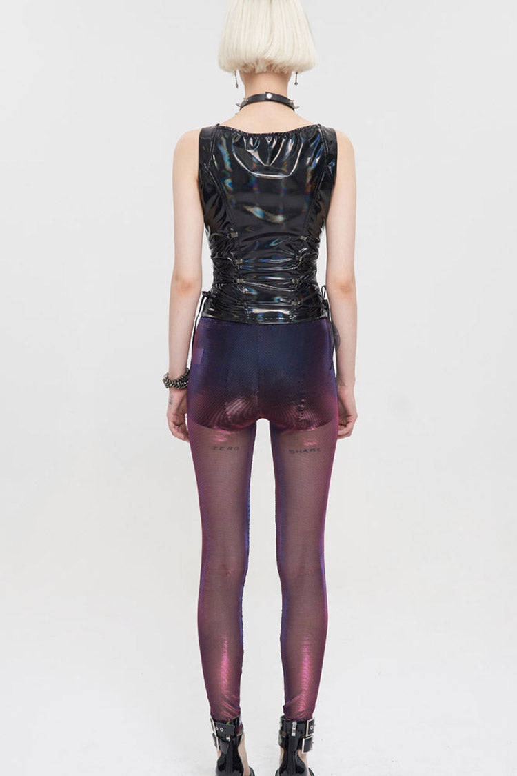 Black Color Changing Mesh Splicing Wavy Mesh Surface Women's Punk Leggings - Product - 9
