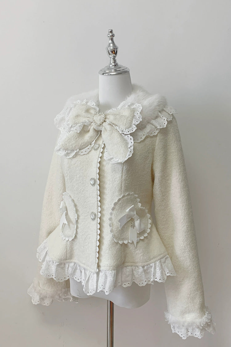 [Diamond Strawberry] Long Sleeves Bow Lace Pearl-Decorated Sweet Jirai Kei Lolita Coat 3 Colors - Beige - 6