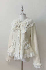 [Diamond Strawberry] Long Sleeves Bow Lace Pearl-Decorated Sweet Jirai Kei Lolita Coat 3 Colors - Beige - 6