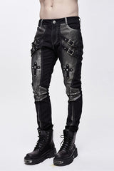 Black With Silver Punk Hand Rubbed Leather With Loops Mens Pants - Product - 2